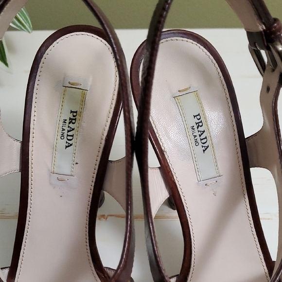 Prada | Brown Vit Shine Leather Platform Slingback Strappy Heels Sz 37 - Picture 7 of 13